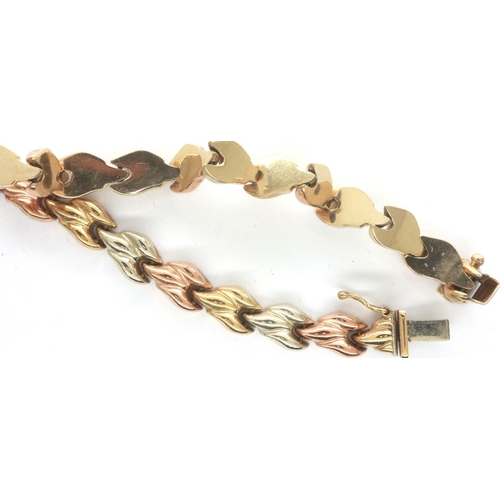 44 - 9ct gold three colour bracelet, L: 18 cm, 10.3g. P&P Group 1 (£14+VAT for the first lot and £1+VAT f... 