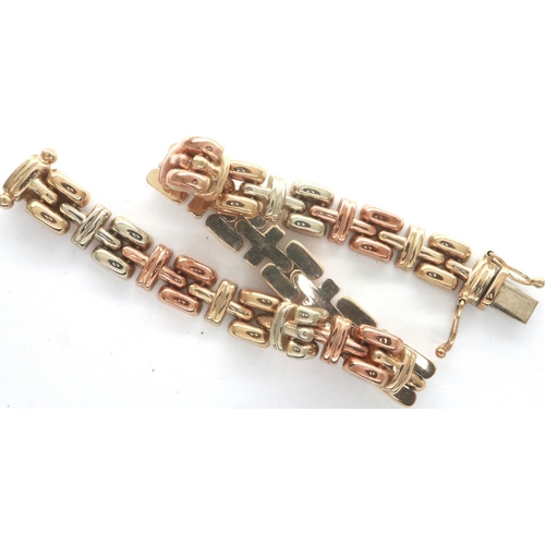 46 - 9ct gold three colour gold bracelet, L: 19 cm, 14.7g. P&P Group 1 (£14+VAT for the first lot and £1+... 