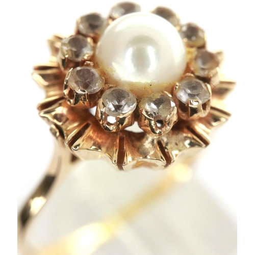 53 - 14ct gold stone set cluster ring with central peal, size , 3.9g, shank broken. P&P Group 1 (£14+VAT ... 