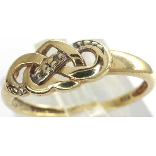 58 - 9ct gold heart shaped ring with diamonds, size M, 1.3g. P&P Group 1 (£14+VAT for the first lot and £... 