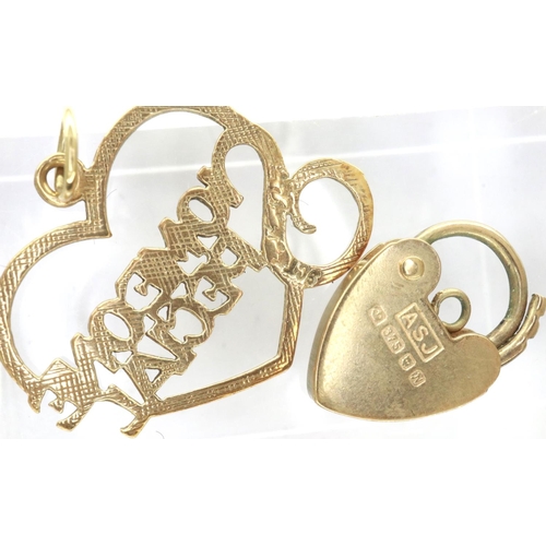 59 - 9ct gold Someone Special pendant, H: 20 mm, and a 9ct gold padlock clasp, combined 1.6g. P&P Group 1... 