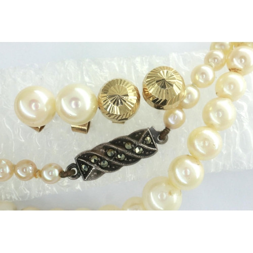 6 - A pair of 9ct gold stud earrings, a pair of pearl-set earrings and a strand of graduated pearls with... 