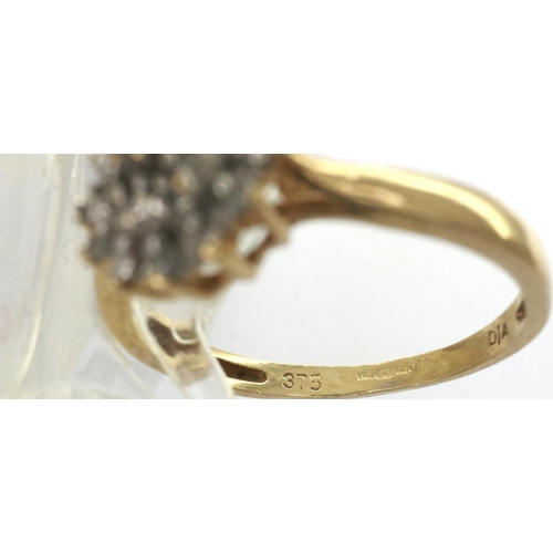 88 - 9ct gold diamond cluster ring, size K/L, 1.6g. P&P Group 1 (£14+VAT for the first lot and £1+VAT for... 