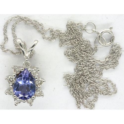 97 - Boxed 18ct white gold tanzanite and diamond pendant necklace, 2.3g, chain L: 44 cm, with COA, approx... 