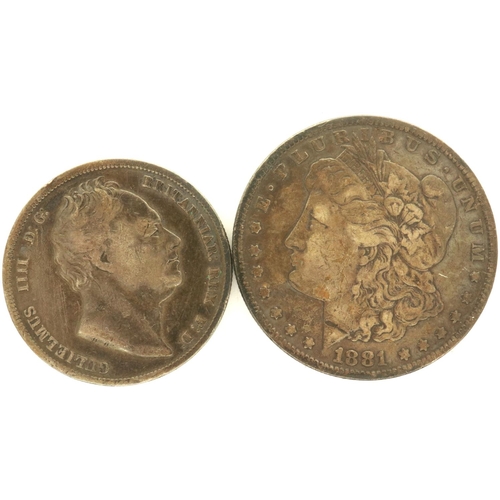 153 - 1881 USA Morgan dollar and a 1836 William IV half crown (2). P&P Group 1 (£14+VAT for the first lot ... 