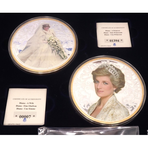 158 - Princess Diana commemoratives including two boxed pairs of Goliath coins by Windsor Mint, all with c... 