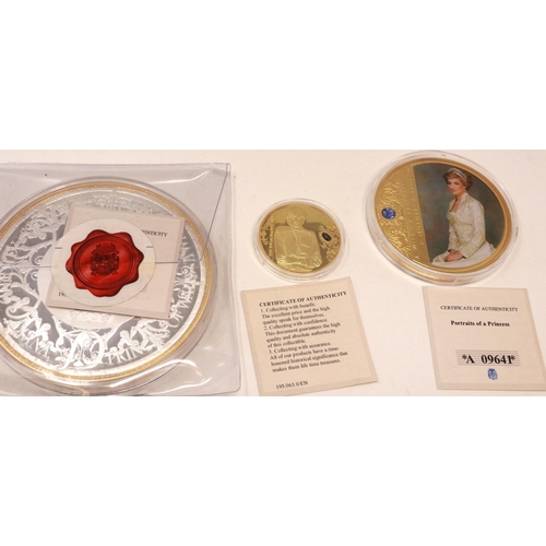 158 - Princess Diana commemoratives including two boxed pairs of Goliath coins by Windsor Mint, all with c... 