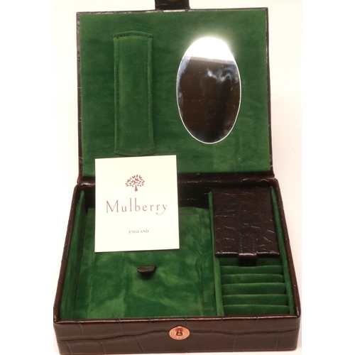 168 - Mulberry leather and faux crocodile fitted jewellery box, 15 x 13 cm. P&P Group 1 (£14+VAT for the f... 