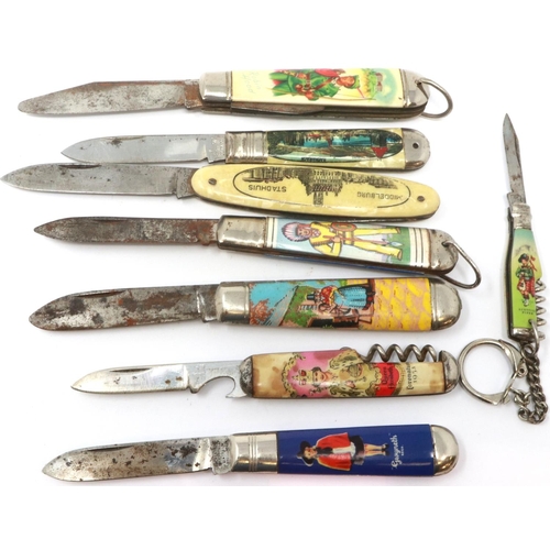 182 - Eight pocket knives, mostly with scenic decorated handles, including Richards. P&P Group 2 (£18+VAT ... 