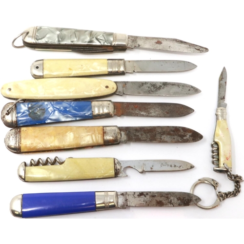 182 - Eight pocket knives, mostly with scenic decorated handles, including Richards. P&P Group 2 (£18+VAT ... 