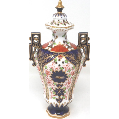203 - 19th century Royal Crown Derby twin handled urn in the Imari pattern, H: 22 cm, small chip to base, ... 