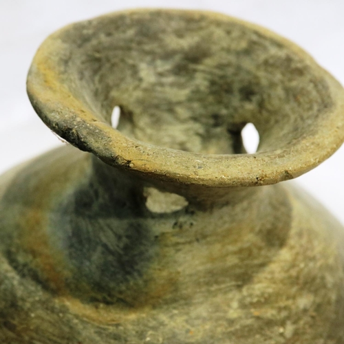 305 - A Han Dynasty grey clay bowl, with reticulated foot (likely for burner), D: 20 cm, H: 10 cm. Small l... 