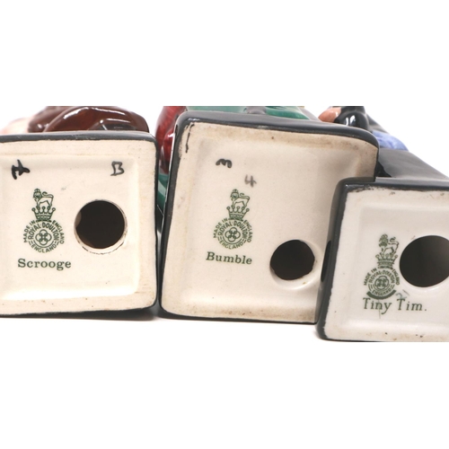 248 - Six Royal Doulton Dickens Series figurines including Scrooge and Tiny Tim, largest H: 12 cm, no crac... 