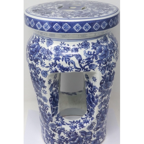 296 - Chinese blue-over-white ceramic stool, decorated with flowers and birds, H: 38 cm. P&P Group 2 (£18+... 