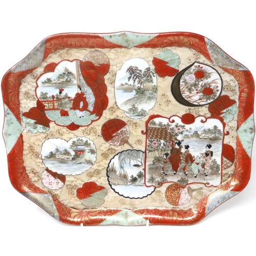 301 - Japanese Satsuma tray, with four character mark to base, L: 36 cm, and a Japanese Famille Noir plate... 