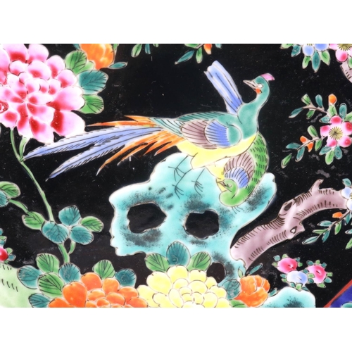 301 - Japanese Satsuma tray, with four character mark to base, L: 36 cm, and a Japanese Famille Noir plate... 