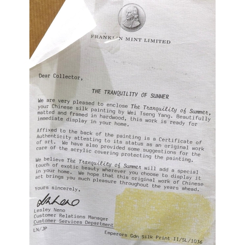 302 - Franklin Mint print on silk, The Tranquility of Summer by Wei Tseng Yang, 54 x 29 cm. Not available ... 