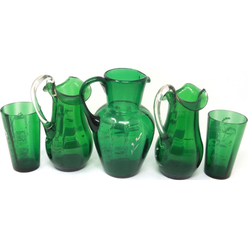 310 - Five pieces of Mary Gregory glass including a jug decorated with enamelled cherubs, largest H: 17 cm... 