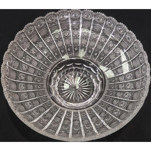 317 - Bohemian lead crystal bowl with complex cut design, D: 35 cm, small fleabites to inside of bowl. P&P... 