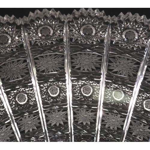 317 - Bohemian lead crystal bowl with complex cut design, D: 35 cm, small fleabites to inside of bowl. P&P... 