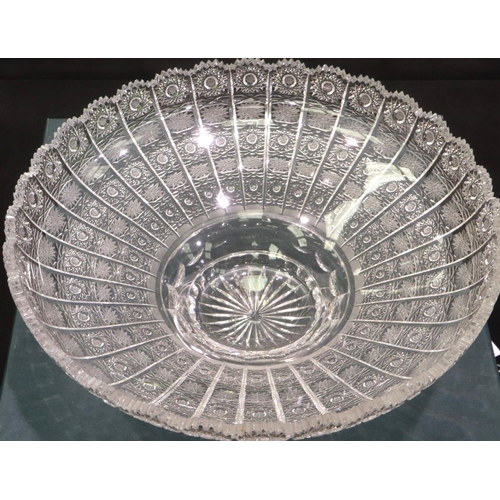 317 - Bohemian lead crystal bowl with complex cut design, D: 35 cm, small fleabites to inside of bowl. P&P... 