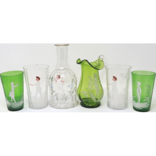 321 - Six pieces of Mary Gregory glass including a jug, largest H: 17 cm. P&P Group 3 (£25+VAT for the fir... 