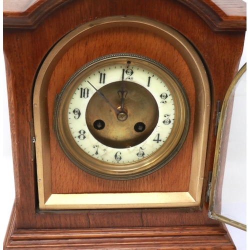 329 - French 19th century oak cased bracket clock with barrel movement, enamelled chapter ring (a/f) and c... 