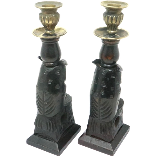 334 - Pair of Black Forest style carved wood candlesticks with brass mounts, each H: 27 cm. P&P Group 1 (£... 