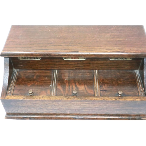 335 - Oak triple inkwell and pen box, 27 x 16 x 10 cm H. P&P Group 2 (£18+VAT for the first lot and £3+VAT... 