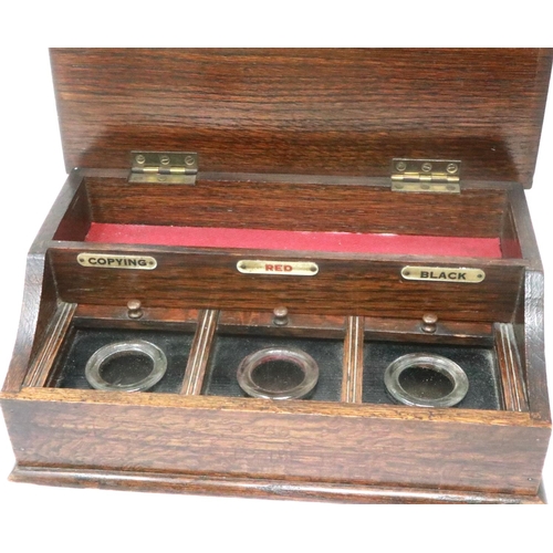 335 - Oak triple inkwell and pen box, 27 x 16 x 10 cm H. P&P Group 2 (£18+VAT for the first lot and £3+VAT... 
