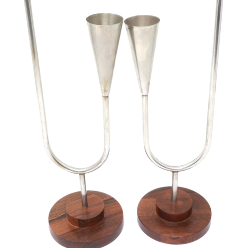 341 - Pair of mid century Lundtofte Danish stainless steel candle holders with original labels on both, H:... 