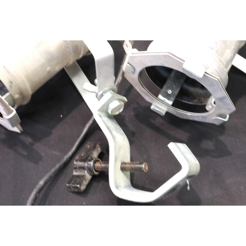 358 - Two aluminium cased stage spotlights with mounting brackets. All electrical items in this lot have b... 