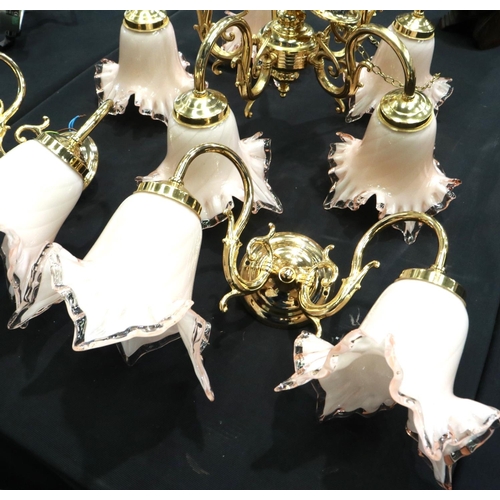 359 - Gilt brass, two sconce electric wall lights with matching five sconce chandelier with pink glass sha... 