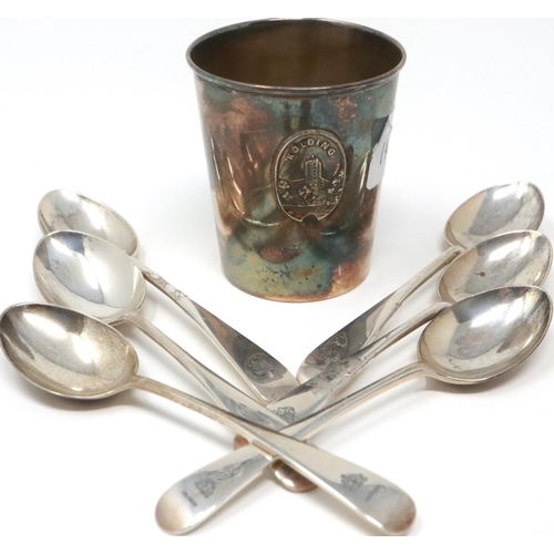 145A - White metal beaker with a set of hallmarked silver tea spoons. P&P Group 2 (£18+VAT for the first lo... 