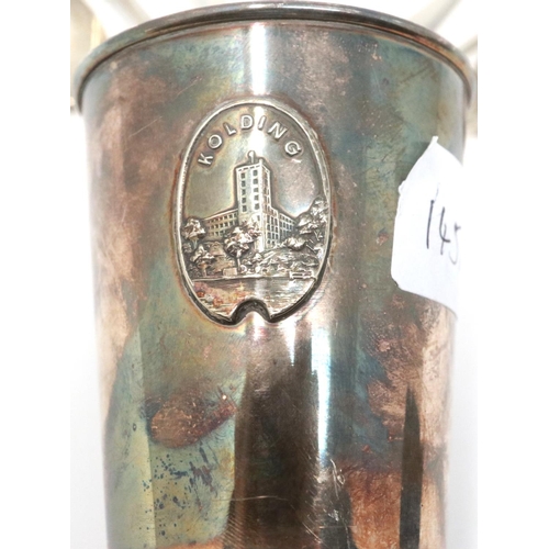 145A - White metal beaker with a set of hallmarked silver tea spoons. P&P Group 2 (£18+VAT for the first lo... 