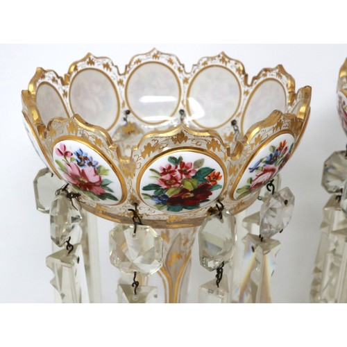 320 - Pair of Victorian glass lustres, H: 30 cm, decorated with white enamelled and painted oval panels, p... 