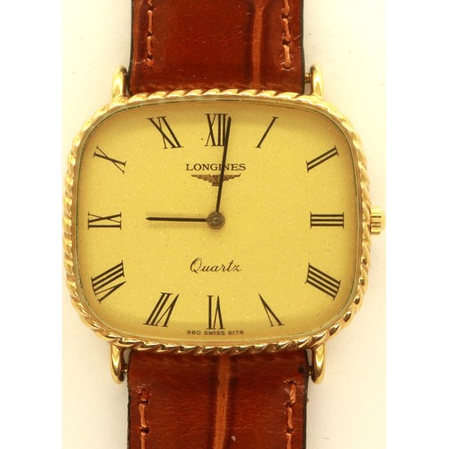 112 - LONGINES: gents quartz gold plated wristwatch on leather strap, requires battery, boxed. P&P Group 1... 