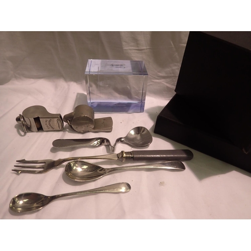 1081 - Mixed metalware including a whistle and a glass paperweight. P&P Group 1 (£14+VAT for the first lot ... 