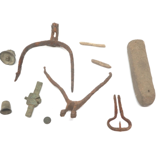 1109 - Collection of mixed metal detecting finds including two 16th century lead stylus, Georgian childs th... 