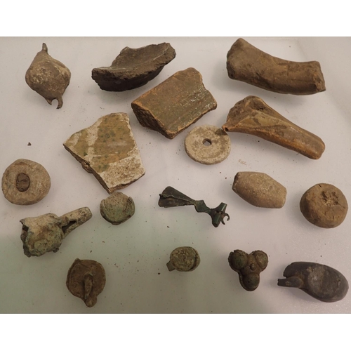 1102 - Quantity of metal detecting finds including Samin Ancient pottery fragments, Medieval spinning  whor... 