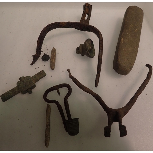 1109 - Collection of mixed metal detecting finds including two 16th century lead stylus, Georgian childs th... 