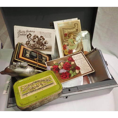 1110 - Metal cash box with key, with contents of cigarette cases, coins, vintage pens etc. P&P Group 2 (£18... 