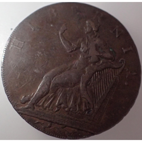 1128 - Scarce 1791 Edinburgh Hibernia halfpenny. P&P Group 0 (£5+VAT for the first lot and £1+VAT for subse... 