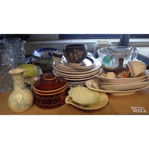 1172 - Shelf of assorted ceramics and glass. Not available for in-house P&P