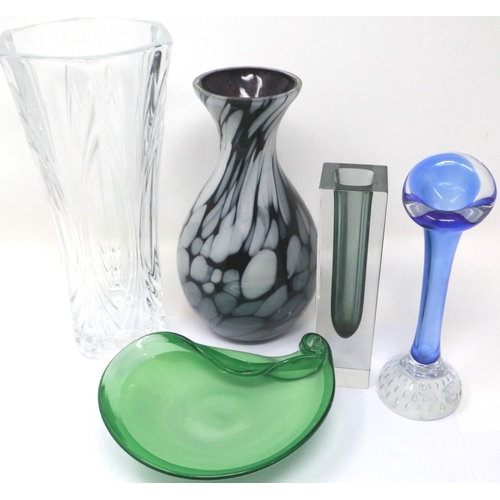 1300 - Five pieces of Studio glass including vases, largest H: 25 cm, small fleabites to some pieces. Not a... 