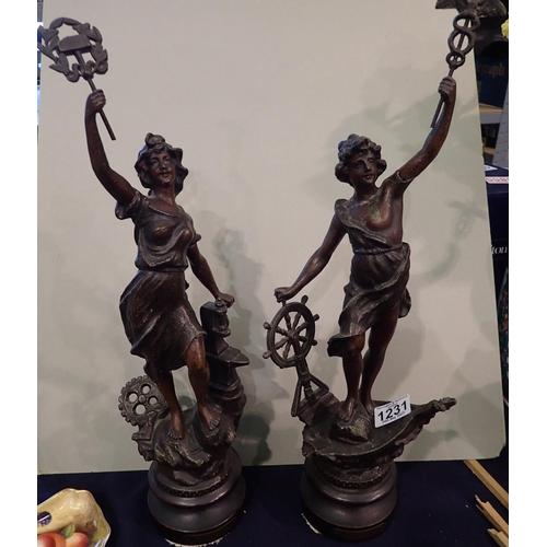 1231 - A pair of 19th century Spelter figures, industry and commerce, largest height: 35cm, repairs to one.... 