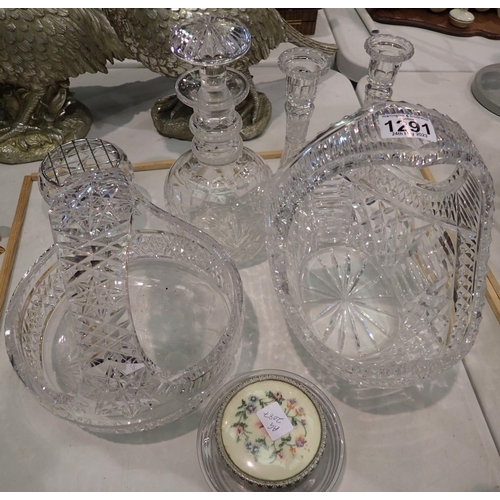 1291 - Seven pieces of cut glass including two baskets, decanter etc, largest H: 28 cm. Not available for i... 