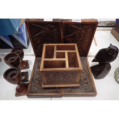 1292 - Quantity of treen items to include a pair of carved bookends. Not available for in-house P&P