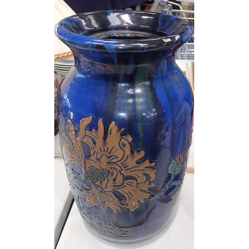 1295 - Large blue and green ground floral jar, lacking cover, H: 38 cm. Not available for in-house P&P