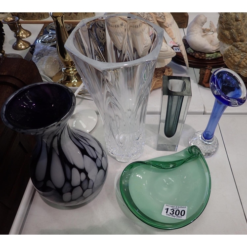 1300 - Five pieces of Studio glass including vases, largest H: 25 cm, small fleabites to some pieces. Not a... 